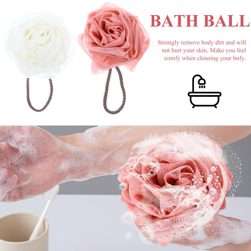 Pink And White Mesh Bath Balls 2 Pack Exfoliating Shower Poufs For Body Cleansing - Image 4