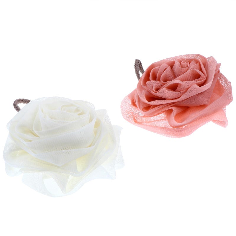Pink And White Mesh Bath Balls 2 Pack Exfoliating Shower Poufs For Body Cleansing - Image 2