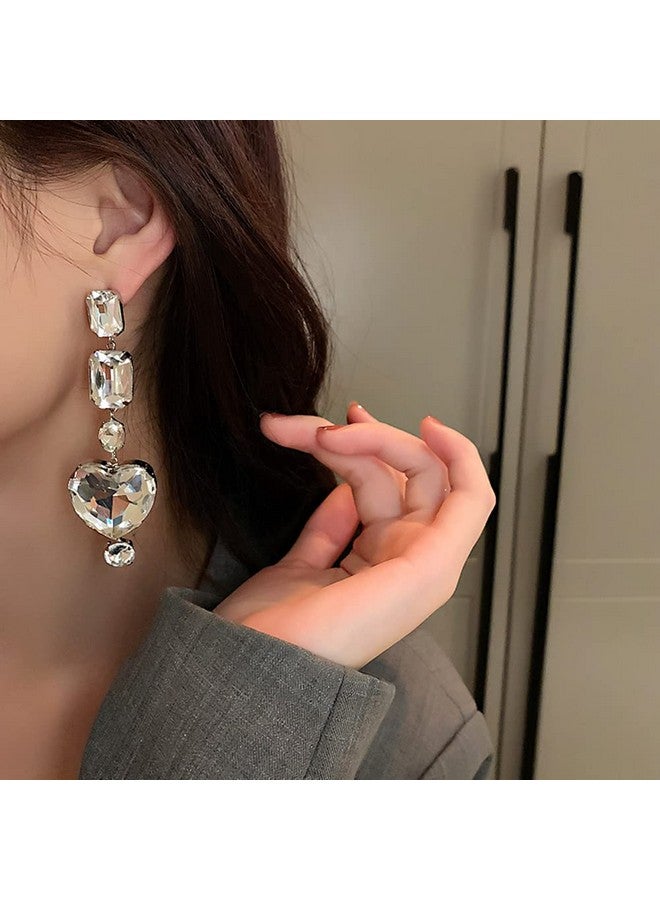 JWICOS Silver Fashion Women Crystal Heart Love Dangle Earrings Accessories For Women And Girls Heart Shape Earrings Bridal Wedding Party Birthday Daily Wearing Christmas Decor Accessories - Image 2