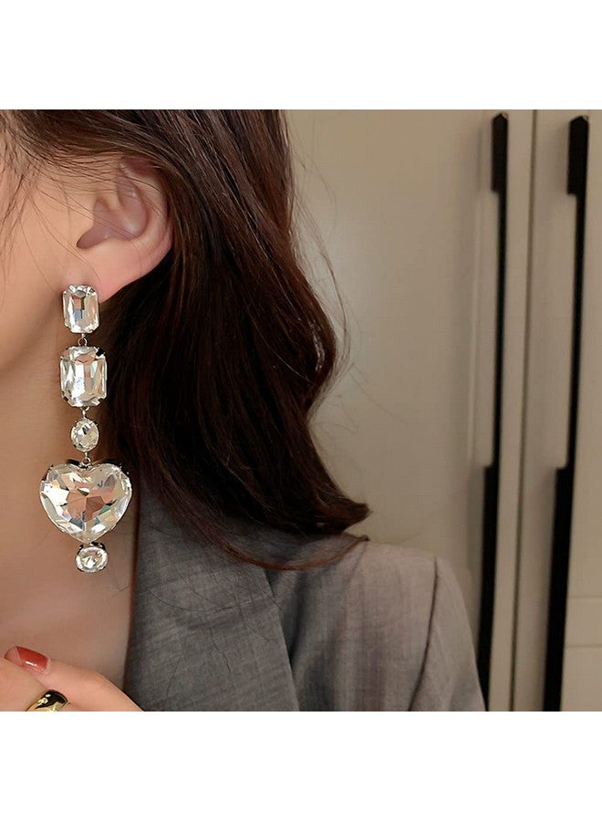 JWICOS Silver Fashion Women Crystal Heart Love Dangle Earrings Accessories For Women And Girls Heart Shape Earrings Bridal Wedding Party Birthday Daily Wearing Christmas Decor Accessories - Image 1