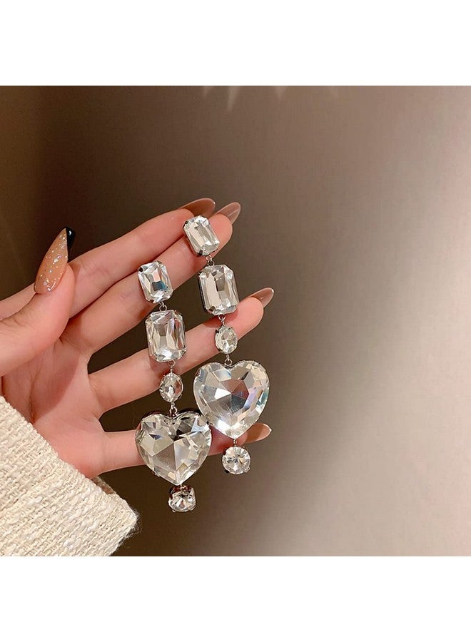 JWICOS Silver Fashion Women Crystal Heart Love Dangle Earrings Accessories For Women And Girls Heart Shape Earrings Bridal Wedding Party Birthday Daily Wearing Christmas Decor Accessories - Image 4