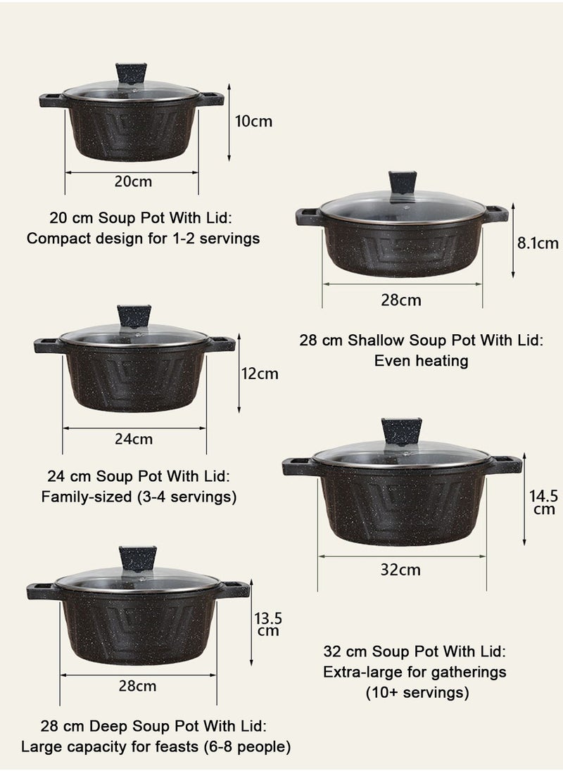 X spring 16-Piece Nonstick Cookware Set, 20-24-28-32cm Deep Stockpots + 28cm Shallow Stockpot with Glass Lids, Anti-Scalding Clips, Apron & Protective Pads, PFOA-Free (Black)  - Image 2