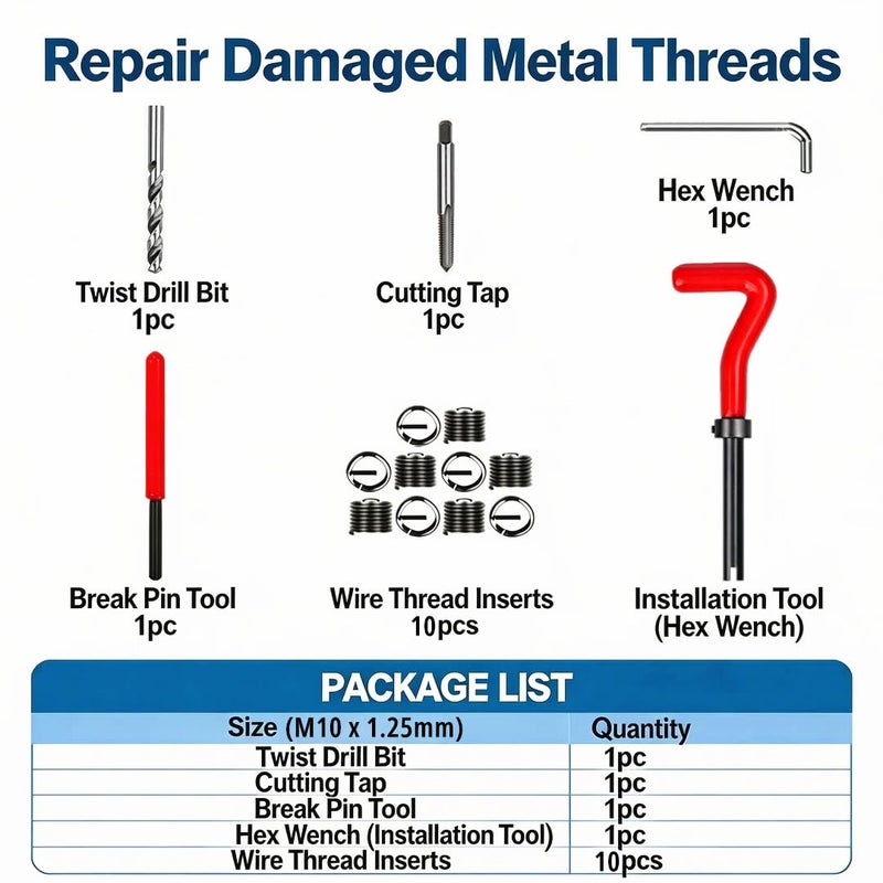 Alltooetools M10 X 125 Thread Repair Kit Metric Helicoil Kit with HSS Drill Bit 10PC Wire Thread Inserts - Image 3