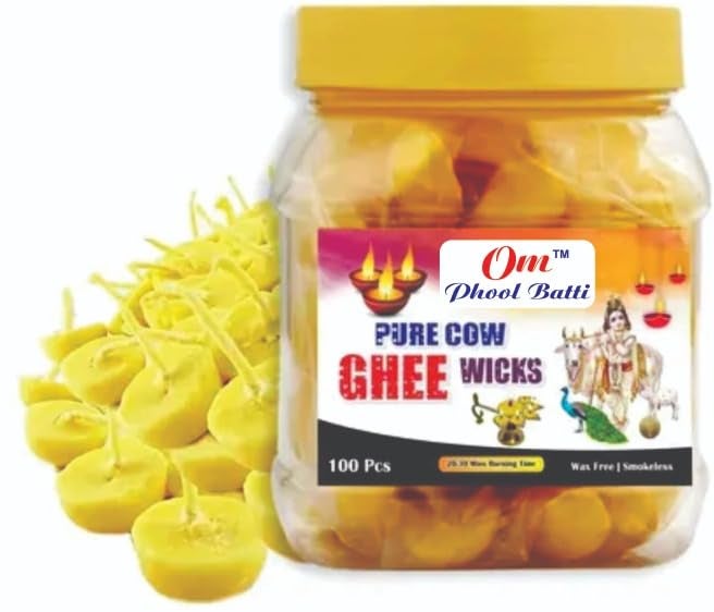 Om Phool Batti Cow Ghee Diya Batti for Puja 30 min Burning Time 100 Wax Free Pooja Ghee Batti for Home Decoration Festivals Religious Rituals Handmade Cotton Wicks 100 Pcs - Image 1