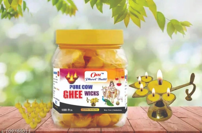Om Phool Batti Cow Ghee Diya Batti for Puja 30 min Burning Time 100 Wax Free Pooja Ghee Batti for Home Decoration Festivals Religious Rituals Handmade Cotton Wicks 100 Pcs - Image 2
