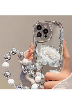 Generic FancyCase Compatible with iPhone 15 Series, Floral Design Shiny Bling Reflective Mirror Metallic Plating Flexible TPU Protective Case with Bracelets(White Flower)  - Image 1