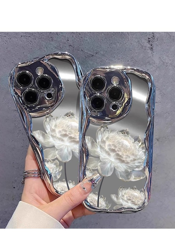 Generic - FancyCase Compatible with iPhone 15 Series, Floral Design Shiny Bling Reflective Mirror Metallic Plating Flexible TPU Protective Case with Bracelets(White Flower) - Image 1