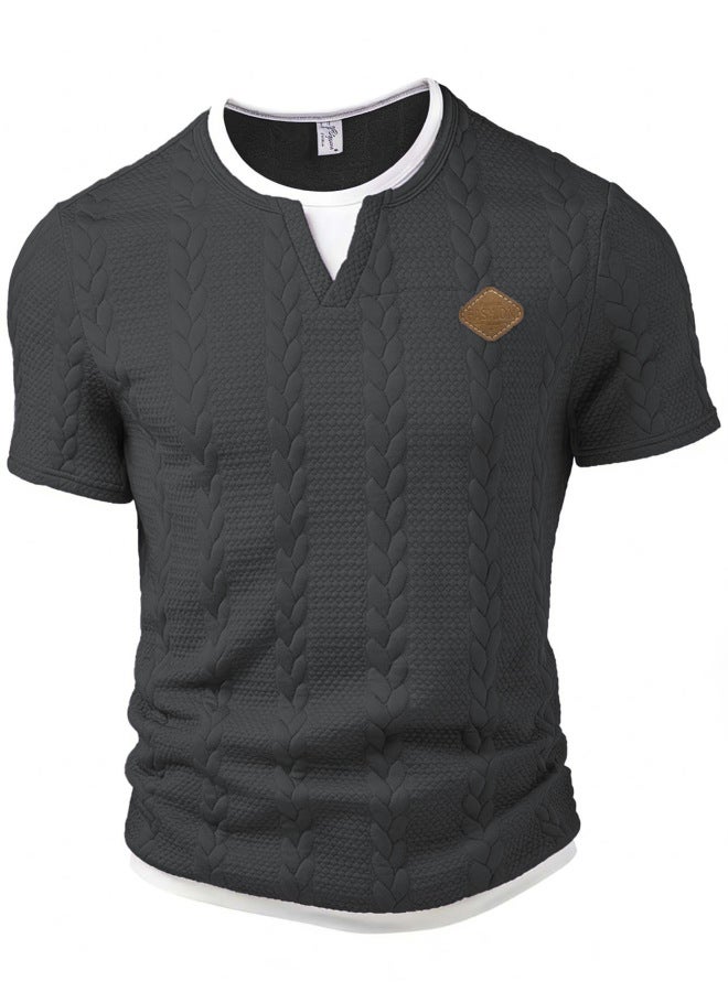 European And American Men's Textured Jacquard Fabric With Leather Logo Patch Logo Fake Two-piece Slim Fit Casual Short Sleeve T-shirt