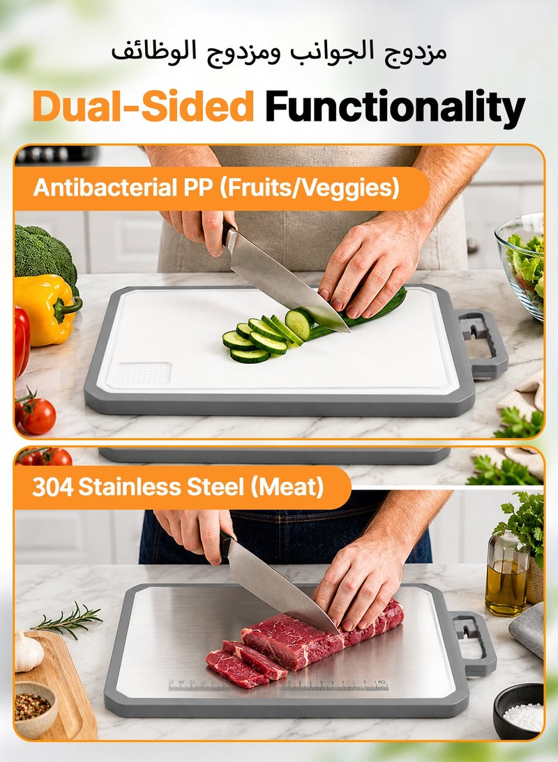 BASILKIT Professional Antibacterial Cutting Board, 304 Stainless Steel & Food-Grade PP Double-Sided Chopping Board with Knife Sharpener, Grinding Area, 43.8×30×2.6cm for Home Kitchen - Image 3