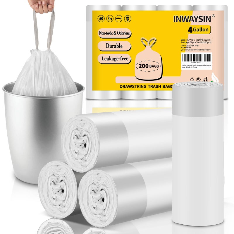 Inwaysin 4 Gallon Trash-Bags Small-Bathroom Garbage-Bag Drawstring - Strong Kitchen White 200 Count Plastic Unscented For Can Car Disposable Recycling Office Size Waste Basket Inwaysin - Image 1