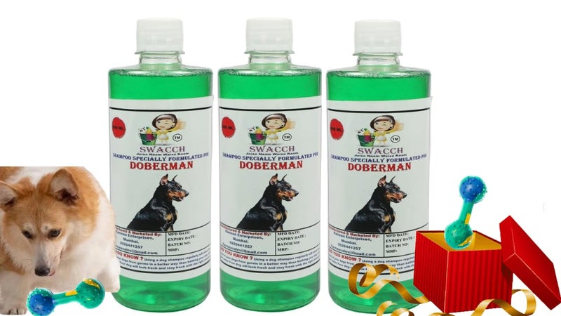 swacch Doberman Dog Shampoo + Dumbbell Toy I Durable Rubber Dog Toy for Chewing I Playing,Teeth Cleaning & Training Toy I Combo Pack I 500ml Pack of 3 Neem Alovera - Image 1