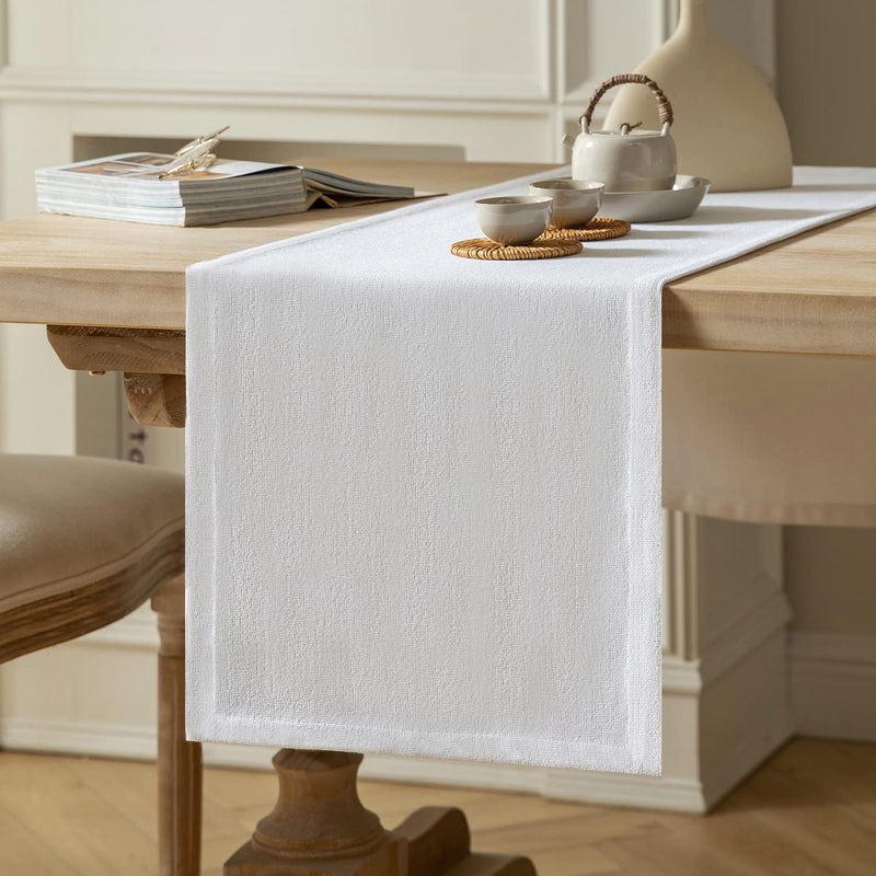 ZeeMart Burlap Style Farmhouse Table Runners 60 Inches Long White Rustic Woven Dining Table Runner for Everyday Use 14x60 Inches White