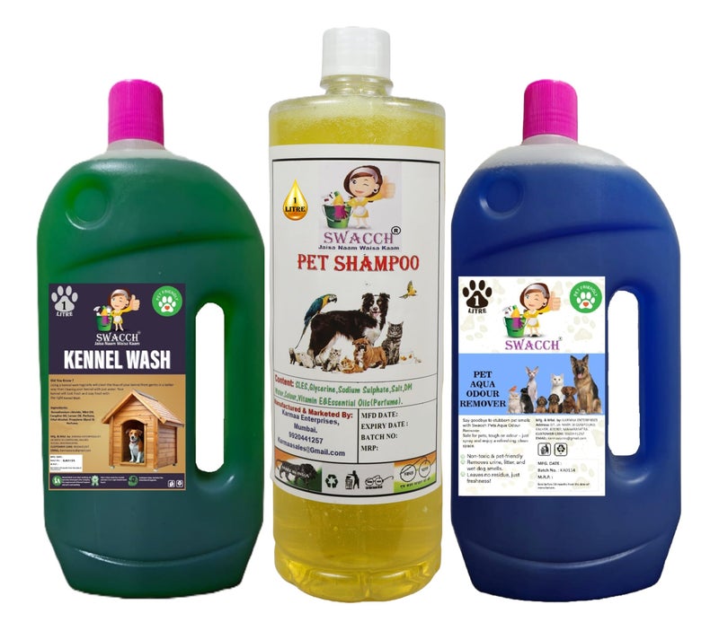 swacch Kennel Wash (Jasmine) + Pet Shampoo (Lemon) I Pet Aqua Odour Remover (Lavender) 1 Litre Combo Pack of 3 Economical Pack I Dog and Cat Friendly - Image 1