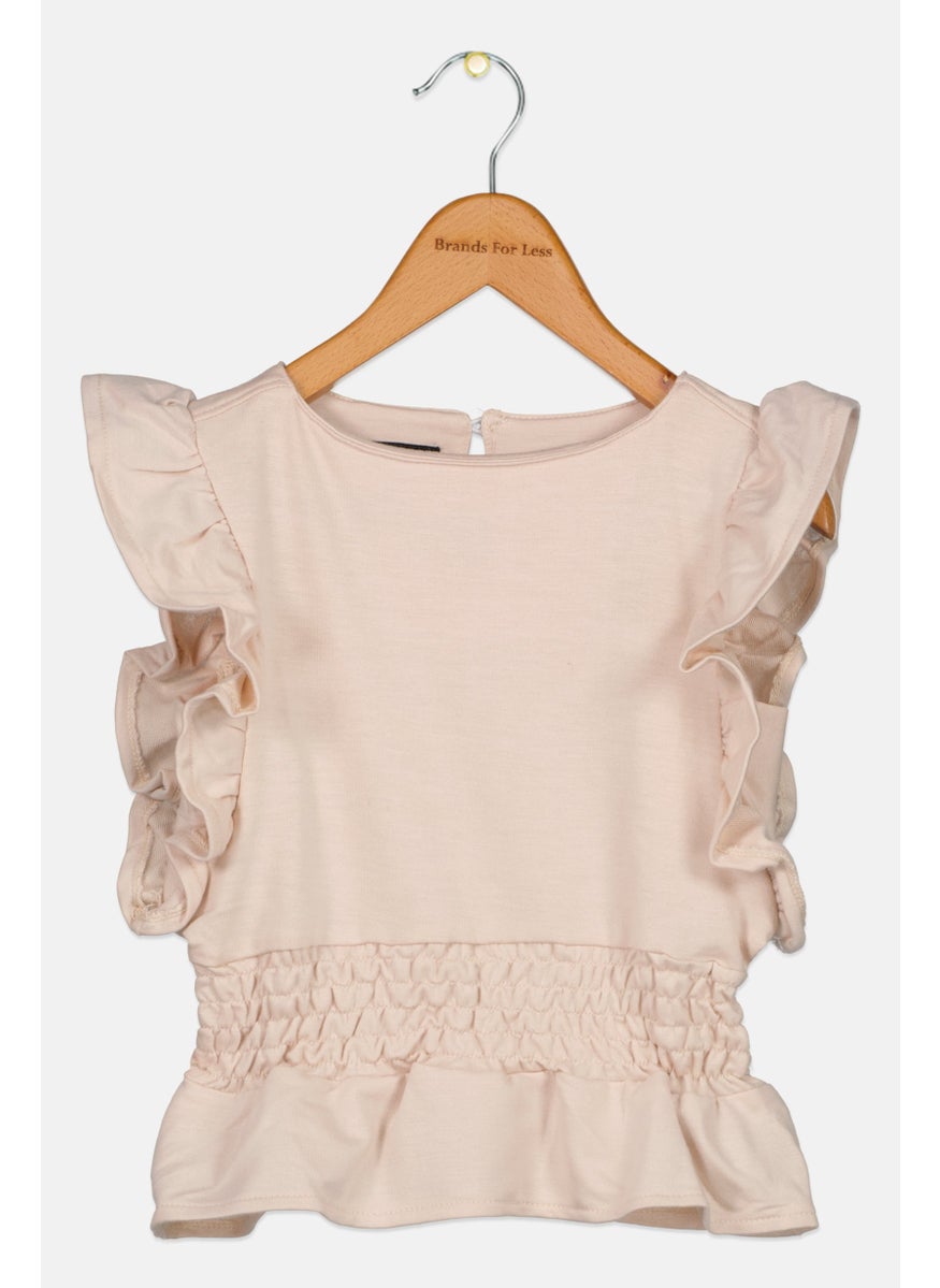 Joe's Kids Girl Boat Neck Ruffle Sleeve Plain Top, Beige  - Image 1
