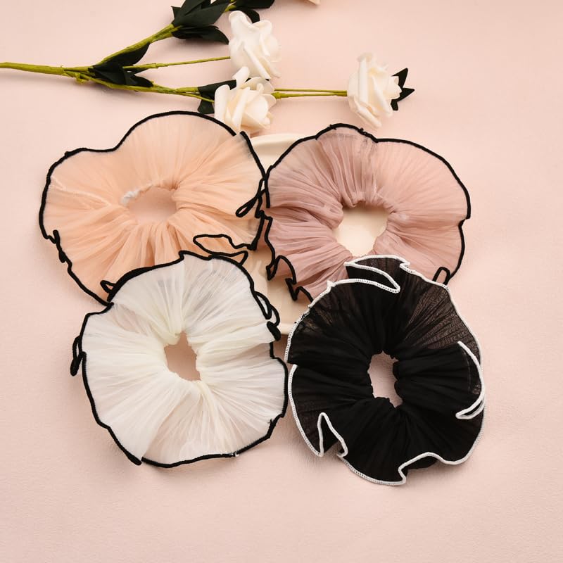 Guqqeuc 4 PCS Large Hair Scrunchies Stain Hair Ties Elastic Jumbo Puffy Hair Scrunchy Hair Ponytail Holders for Women Girls Chiffon Hair Bobbles for Thick Long Hair Accessories for Teen Girls - Image 3