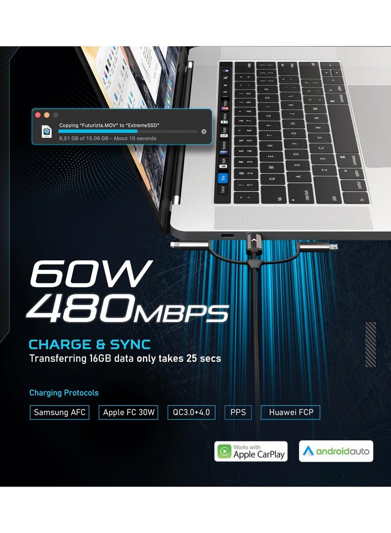 فوتوريزا تك [مطوَّر] كابل زيوس إكس متعدد الاستخدامات 6 في 1 (10 قدم/3 متر) للشحن السريع بقدرة 60W PD لأجهزة اللابتوب، وQC3.0، وشحن سريع 27W للآيفون ومزامنة البيانات، بتصميم مجدول بدرجة عسكرية مع حزام منظم للكابل - Image 5