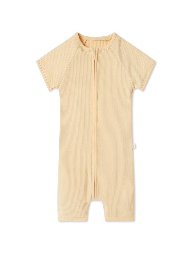 MORI Baby Unisex Summer Zip-Up Romper in Ribbed Yellow - Viscose from Bamboo - Breathable Short Sleeve Pajama - Comfy Nightwear - 12-18 Months - Image 1