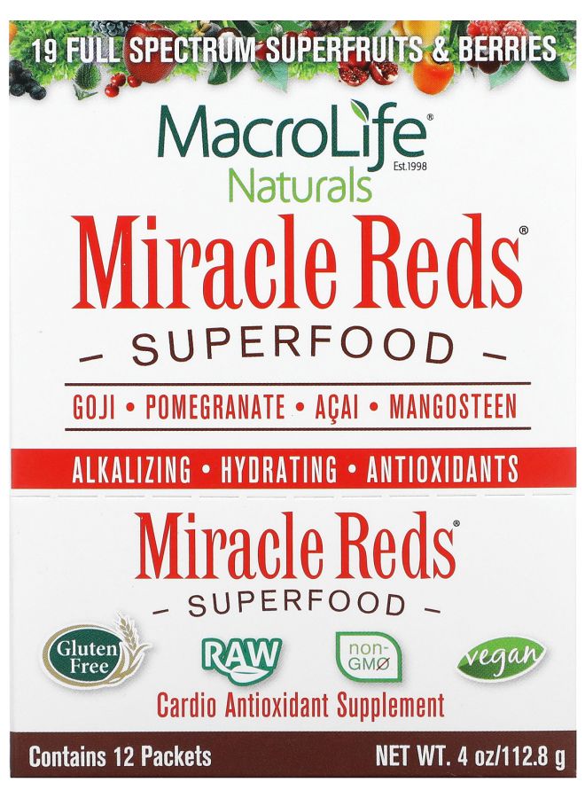MacroLife Naturals Miracle Reds Superfood Goji Pomegranate Acai Mangosteen 12 Packets 0.3 oz (9.5 g) Each