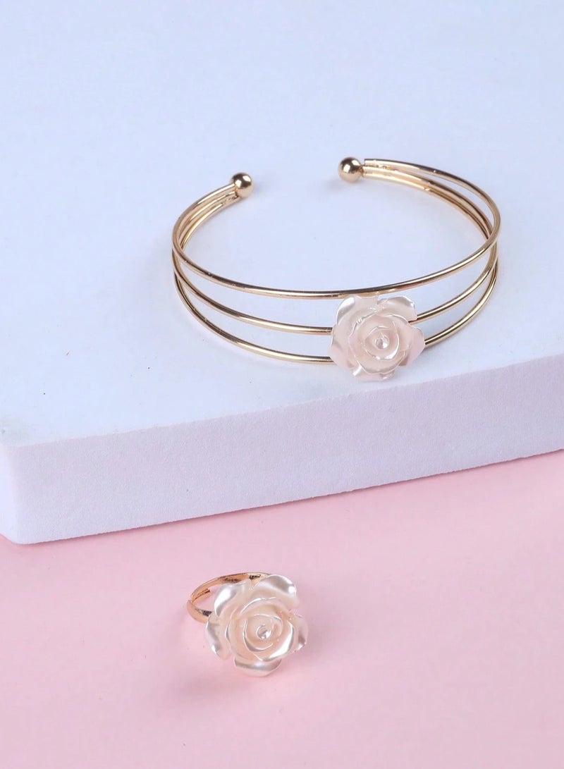 Girls' Accessory Set – A 4-piece set that includes earrings, a ring, a necklace, and a bracelet in gold color adorned with floral details. Perfect as a birthday gift for girls, graduation present, or for any special occasion.  - Image 3