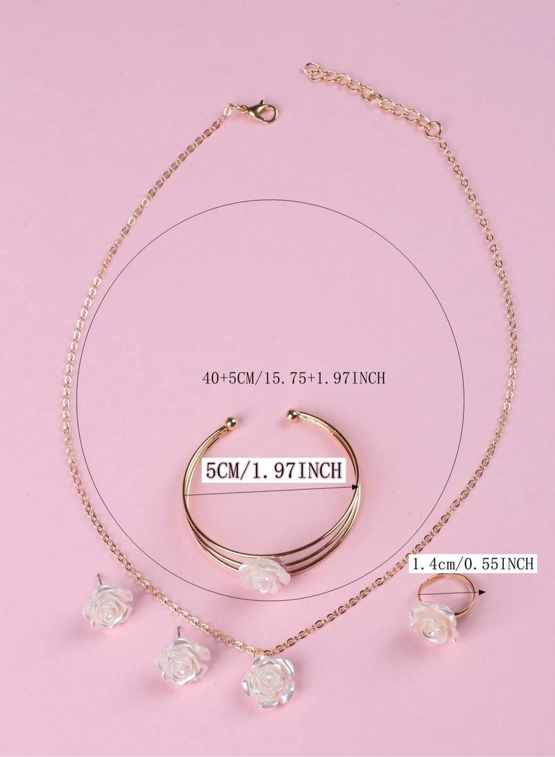 Girls' Accessory Set – A 4-piece set that includes earrings, a ring, a necklace, and a bracelet in gold color adorned with floral details. Perfect as a birthday gift for girls, graduation present, or for any special occasion.  - Image 5