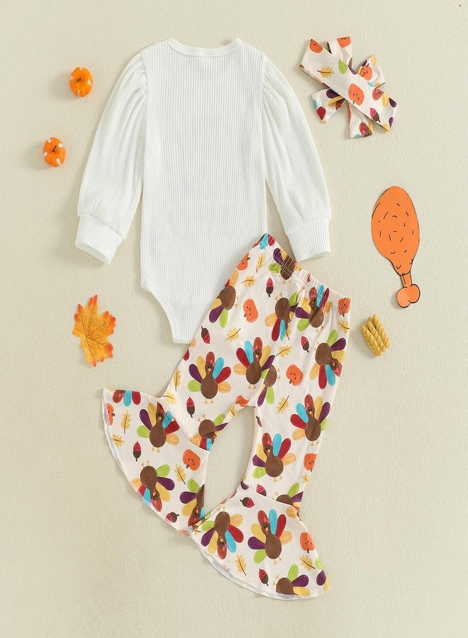 KMBANGI My First Thanksgiving Outfit Baby Girl Clothes Long Sleeve Letters Print Ribbed Romper Turkey Flare Pants Headband (White, 12-18 Months) - Image 4