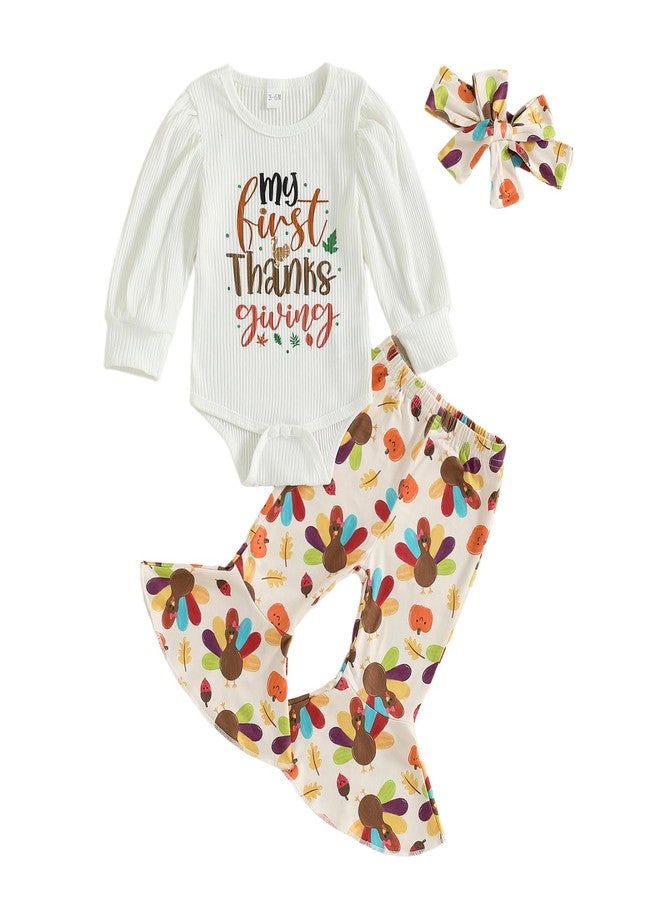 KMBANGI My First Thanksgiving Outfit Baby Girl Clothes Long Sleeve Letters Print Ribbed Romper Turkey Flare Pants Headband (White, 12-18 Months) - Image 1