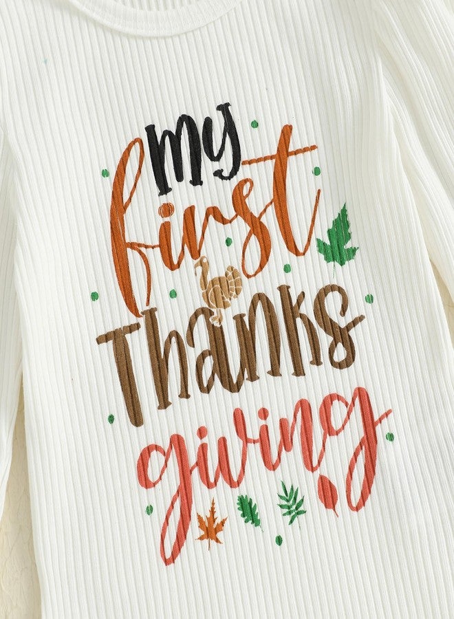 KMBANGI My First Thanksgiving Outfit Baby Girl Clothes Long Sleeve Letters Print Ribbed Romper Turkey Flare Pants Headband (White, 12-18 Months) - Image 5