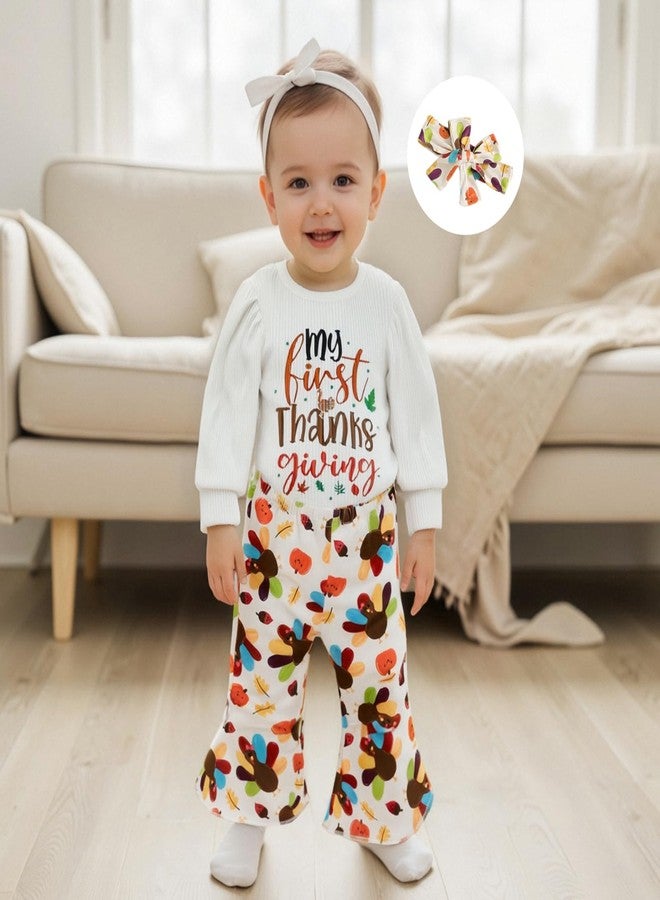 KMBANGI My First Thanksgiving Outfit Baby Girl Clothes Long Sleeve Letters Print Ribbed Romper Turkey Flare Pants Headband (White, 12-18 Months) - Image 3