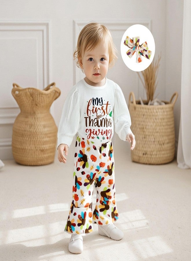 KMBANGI My First Thanksgiving Outfit Baby Girl Clothes Long Sleeve Letters Print Ribbed Romper Turkey Flare Pants Headband (White, 12-18 Months) - Image 2