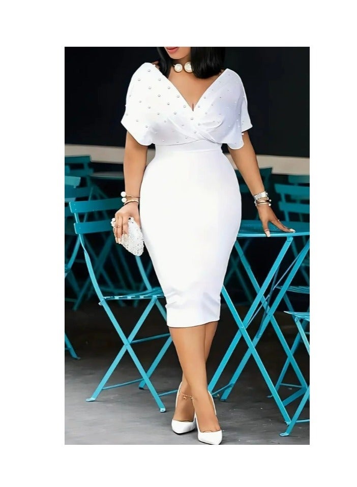 general Solid color strapless V-neck short-sleeved back zipper dress - Image 1