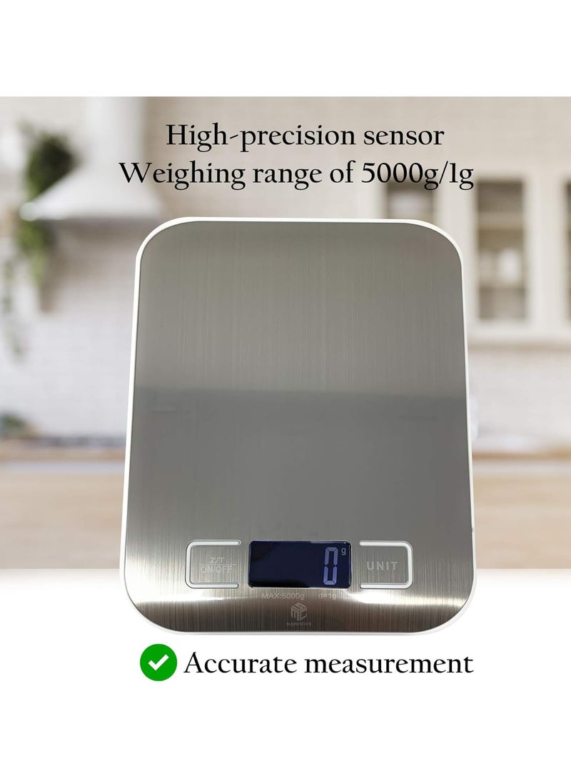 general Kitchen scale digital electronic coffee scale, used for cooking and baking high-precision food, jewelry scale, LCD display, multi-function, tare function, stainless steel 5kg-AAA - Image 5