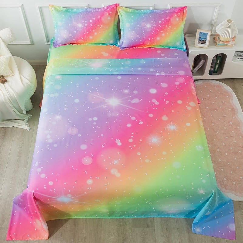 ADASMILE A & S ADASMILE A & S Rainbow Fitted Bed Sheet for Kids 4 Pieces Rainbow Sheets Queen for Girls Pink Purple Tie Dye Pastel Bed Set (1 Flat Sheet + 1 Deep Pocket Fitted Sheet and 2 Pillowcases) Bedroom Decor  - Image 1