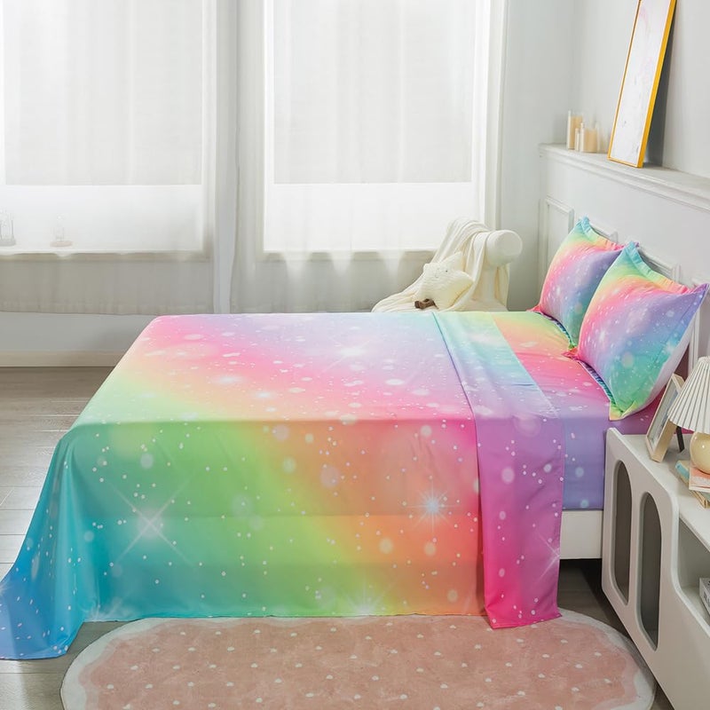 ADASMILE A & S ADASMILE A & S Rainbow Fitted Bed Sheet for Kids 4 Pieces Rainbow Sheets Queen for Girls Pink Purple Tie Dye Pastel Bed Set (1 Flat Sheet + 1 Deep Pocket Fitted Sheet and 2 Pillowcases) Bedroom Decor  - Image 3