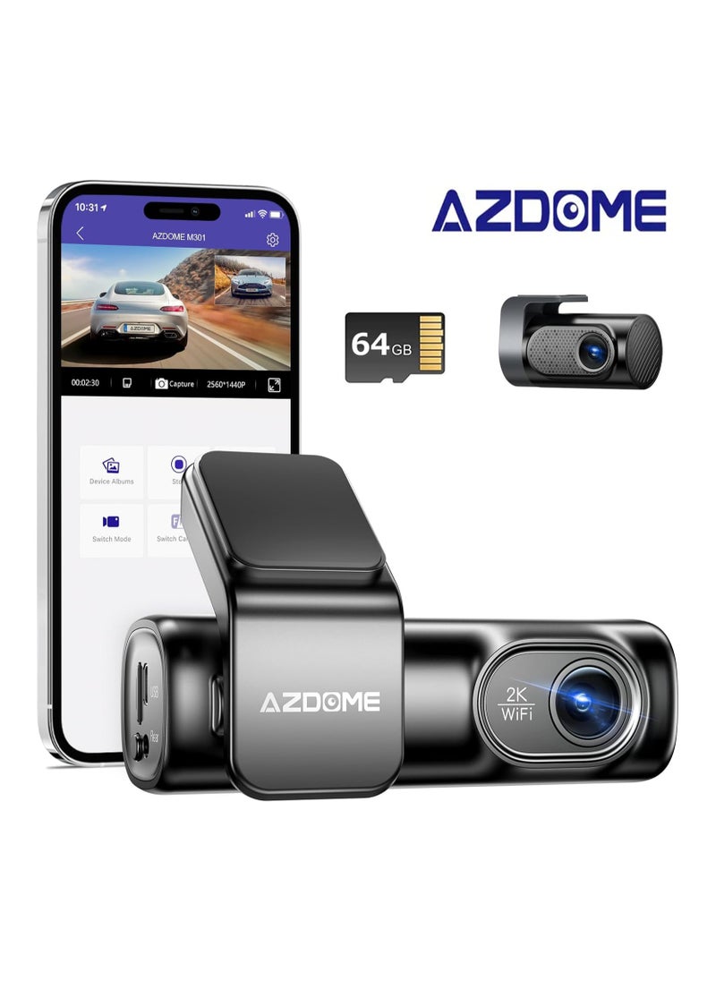 AZDOME - AZDOME M301 2K Dash Cam Front and Rear, Built in WiFi, Dual Dashcams for Cars, Voice Control Car Camera with UHD 1440P, Night Vision, G-Sensor, Parking Monitor, 64GB SD Card Included - Image 1