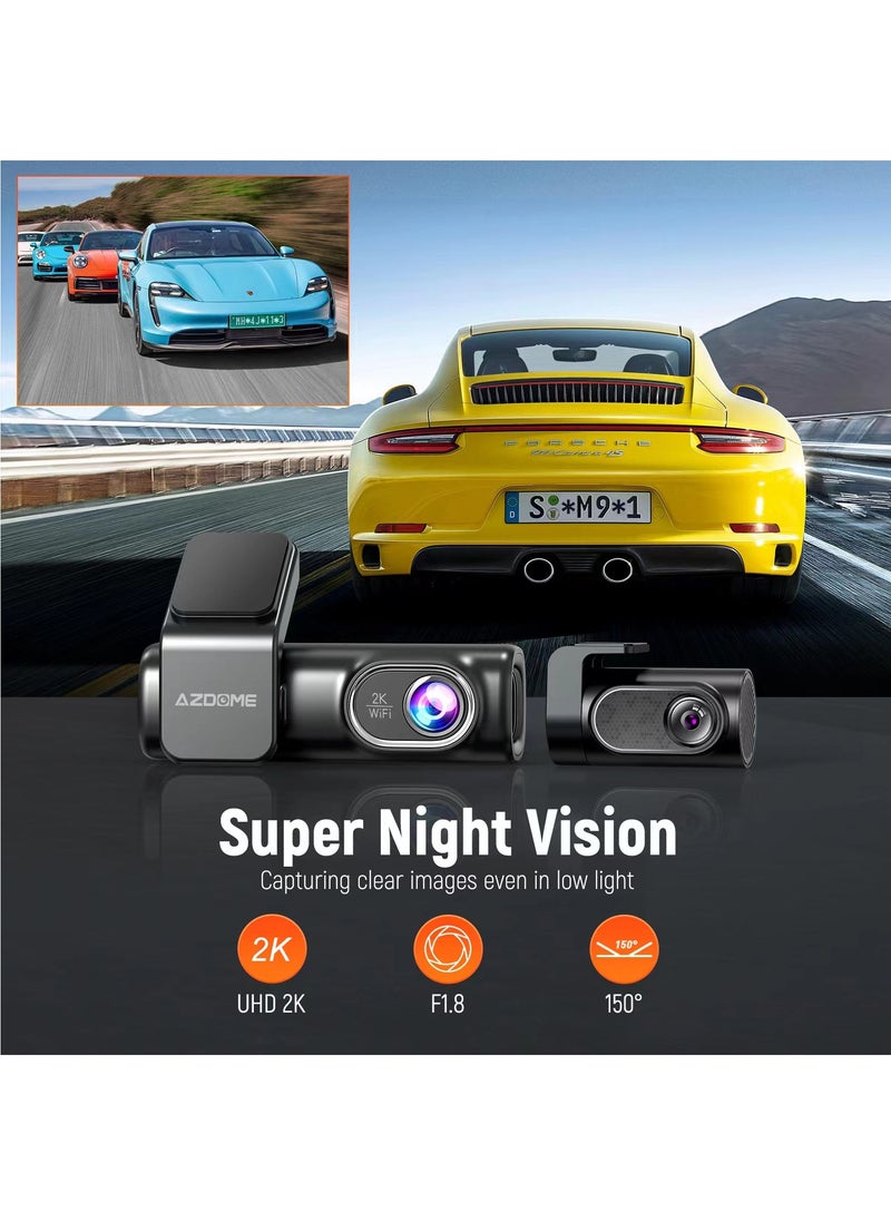AZDOME - AZDOME M301 2K Dash Cam Front and Rear, Built in WiFi, Dual Dashcams for Cars, Voice Control Car Camera with UHD 1440P, Night Vision, G-Sensor, Parking Monitor, 64GB SD Card Included - Image 1