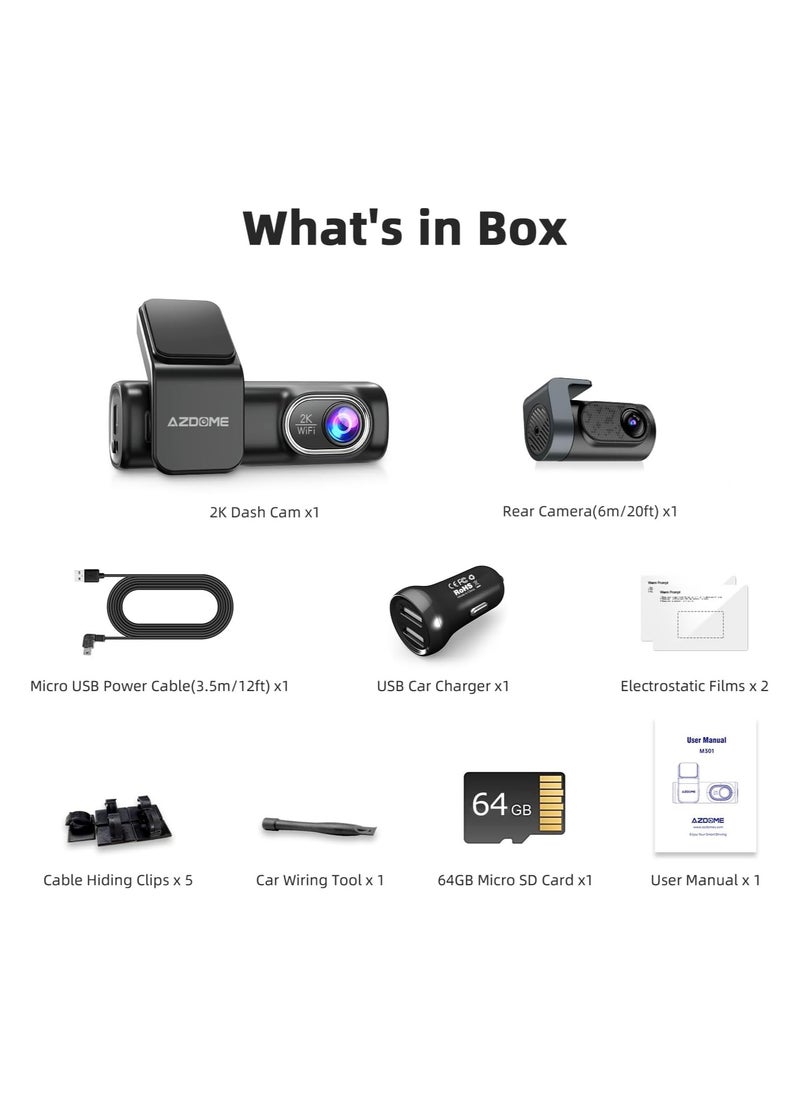 AZDOME - AZDOME M301 2K Dash Cam Front and Rear, Built in WiFi, Dual Dashcams for Cars, Voice Control Car Camera with UHD 1440P, Night Vision, G-Sensor, Parking Monitor, 64GB SD Card Included - Image 1