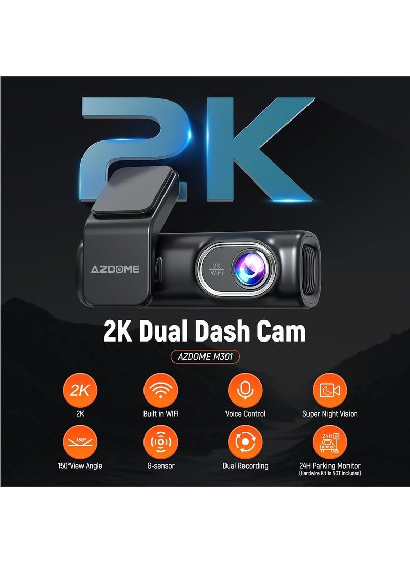 AZDOME - AZDOME M301 2K Dash Cam Front and Rear, Built in WiFi, Dual Dashcams for Cars, Voice Control Car Camera with UHD 1440P, Night Vision, G-Sensor, Parking Monitor, 64GB SD Card Included - Image 1