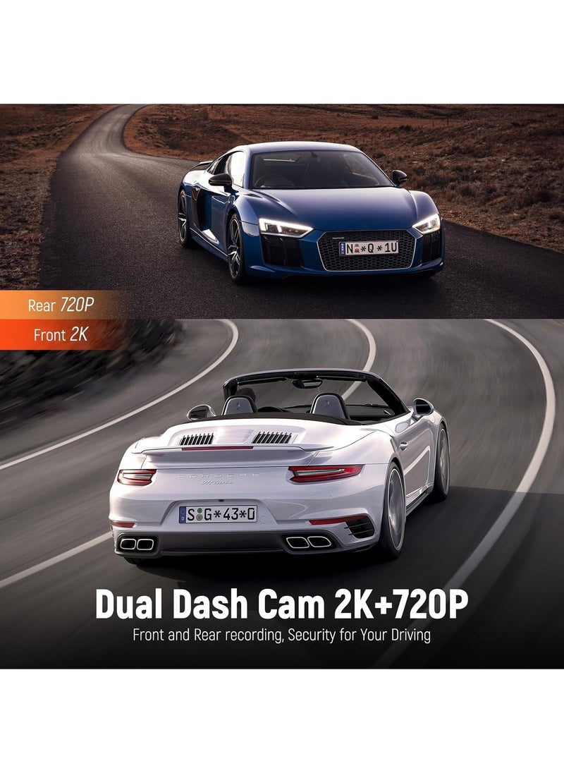 AZDOME - AZDOME M301 2K Dash Cam Front and Rear, Built in WiFi, Dual Dashcams for Cars, Voice Control Car Camera with UHD 1440P, Night Vision, G-Sensor, Parking Monitor, 64GB SD Card Included - Image 1