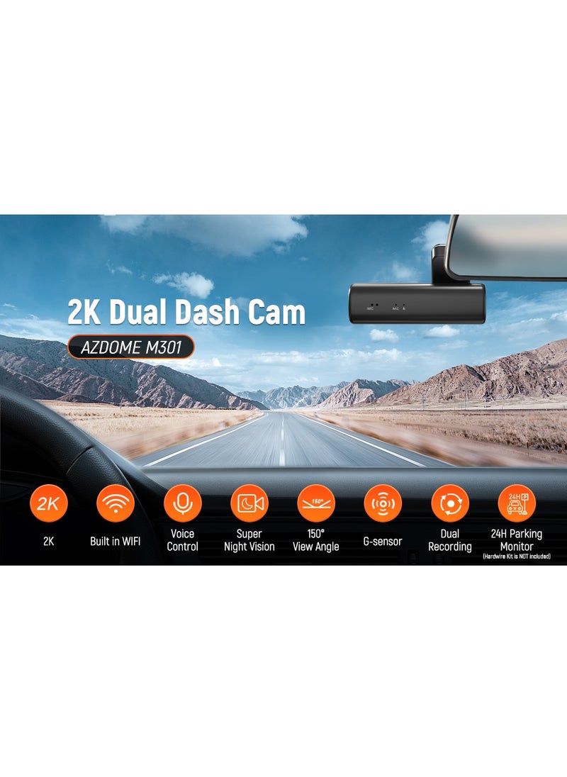 AZDOME - AZDOME M301 2K Dash Cam Front and Rear, Built in WiFi, Dual Dashcams for Cars, Voice Control Car Camera with UHD 1440P, Night Vision, G-Sensor, Parking Monitor, 64GB SD Card Included - Image 1