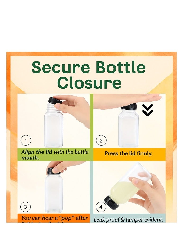 لافيش زجاجات بلاستيكية مربعة فارغة قابلة لإعادة الاستخدام، ٢٤ زجاجة، سعة ١٠٠ مل/٤ أونصة | حاويات شفافة لحفظ العصائر والحليب والماء بأغطية سوداء | زجاجات مشروبات محمولة بحجم مناسب للسفر - Image 2