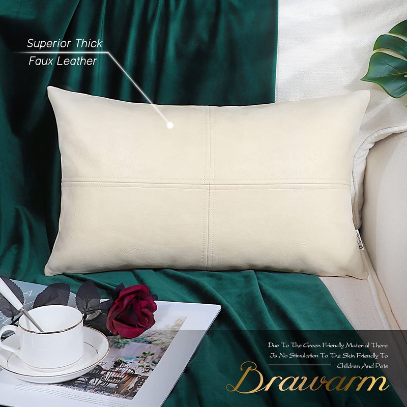 BRAWARM BRAWARM Faux Leather Throw Pillow Covers 12 X 20 Inches  Cream Leather Pillow Cover  Hand Stitched Leather Decorative Lumbar Pillow Cover for Couch Sofa Bed Living Room Home Garden - Image 2