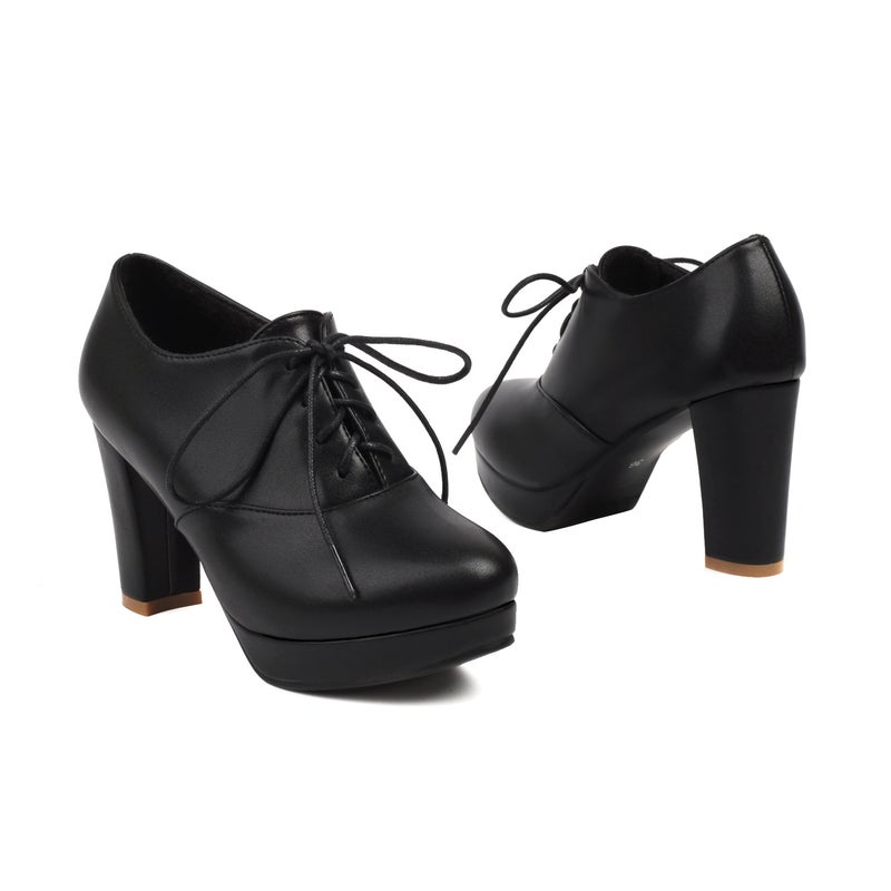 In The Spring Of Fashion High Heel Thick Bottom 40-47 Plus Size Front Lace Solid Color Shoes - Image 1