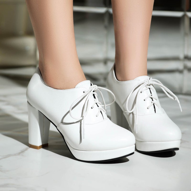 In The Spring Of Fashion High Heel Thick Bottom 40-47 Plus Size Front Lace Solid Color Shoes - Image 2