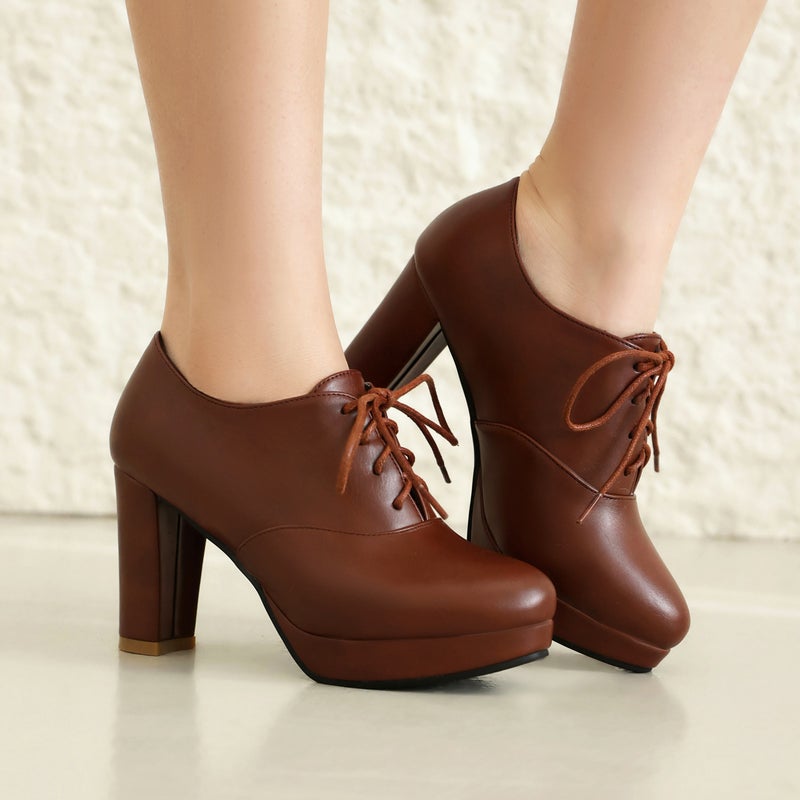 In The Spring Of Fashion High Heel Thick Bottom 40-47 Plus Size Front Lace Solid Color Shoes - Image 5