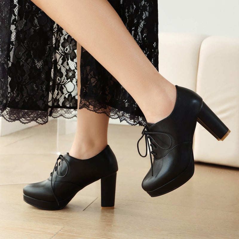 In The Spring Of Fashion High Heel Thick Bottom 40-47 Plus Size Front Lace Solid Color Shoes - Image 4