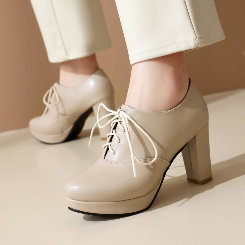 In The Spring Of Fashion High Heel Thick Bottom 40-47 Plus Size Front Lace Solid Color Shoes - Image 3