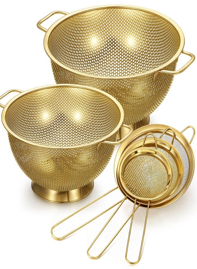 Baderke 5 Pcs Gold Strainers and Colanders Set Including 4/5 Quart Stainless Steel Colanders with Handles and 3 Pcs Fine Mesh Strainers for Kitchen Draining Rinsing Pasta Vegetables Rice - Image 1