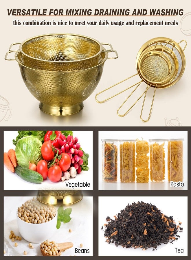 Baderke 5 Pcs Gold Strainers and Colanders Set Including 4/5 Quart Stainless Steel Colanders with Handles and 3 Pcs Fine Mesh Strainers for Kitchen Draining Rinsing Pasta Vegetables Rice - Image 5