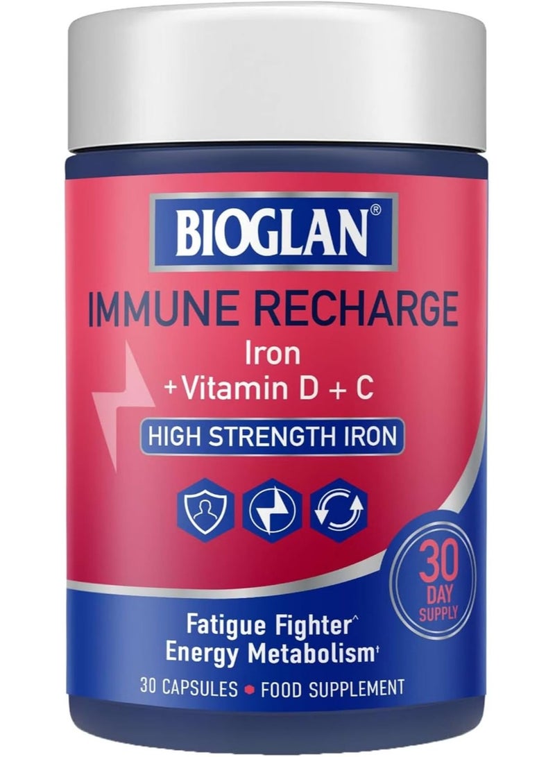 BIOGLAN مكمل الحديد لتعزيز المناعة، قوة عالية مع فيتامينات د و ج، دعم الطاقة، 30 كبسولة - Image 1