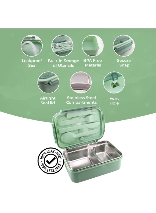 CRAVISTA Stainless Steel Bento Box for Adults and Kids – 1200ML Leakproof Bento Lunch Box with Cutlery Set – BPA Free Lunchbox Tiffin for Office and School (Green) - Image 3